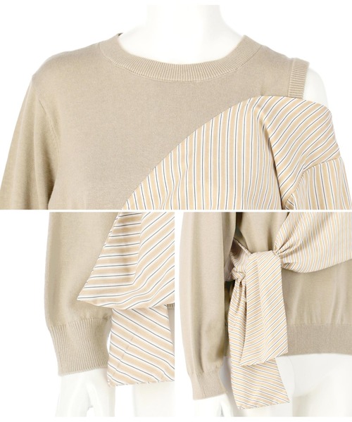 Alluge（アルージュ）の「異素材切替リボンプルオーバー（Tシャツ/カットソー・レディース・グレイッシュベージュ/オフホワイト・FREE）」の8枚目の写真