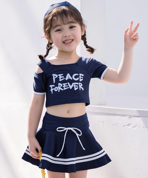 キッズ水着 オフショル風トップス フレアスカート風ショートパンツ スイムキャップ 3点セット