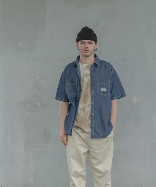 SIDEWAY STANCE(サイドウェイスタンス)の「【SIDEWAY STANCE】 カモフラージュ迷彩柄 & デニム 半袖 ワークシャツ セットアップ対応(シャツ/ブラウス・メンズ・A/C/ネイビー/B・LARGE/MEDIUM/X-LARGE)」の5枚目の写真