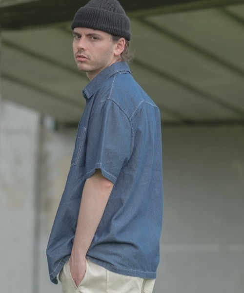 SIDEWAY STANCE(サイドウェイスタンス)の「【SIDEWAY STANCE】 カモフラージュ迷彩柄 & デニム 半袖 ワークシャツ セットアップ対応(シャツ/ブラウス・メンズ・A/C/ネイビー/B・LARGE/MEDIUM/X-LARGE)」の6枚目の写真