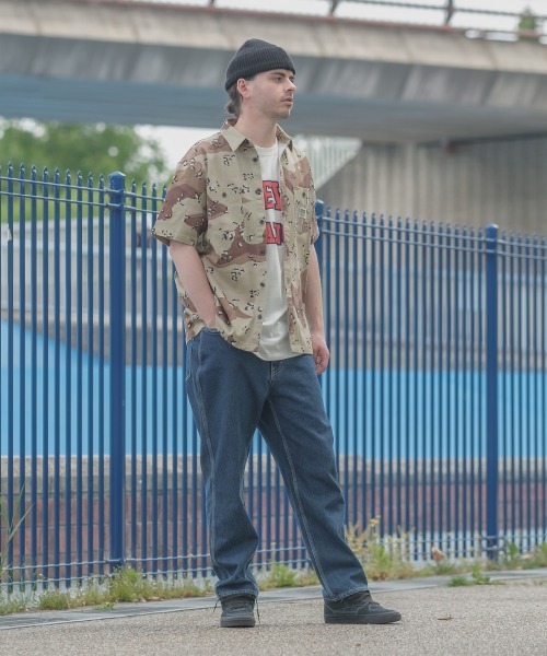 SIDEWAY STANCE(サイドウェイスタンス)の「【SIDEWAY STANCE】 カモフラージュ迷彩柄 & デニム 半袖 ワークシャツ セットアップ対応(シャツ/ブラウス・メンズ・A/C/ネイビー/B・LARGE/MEDIUM/X-LARGE)」の9枚目の写真