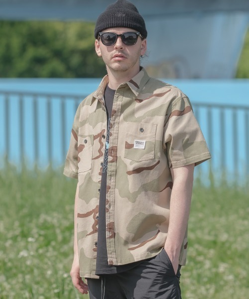 SIDEWAY STANCE(サイドウェイスタンス)の「【SIDEWAY STANCE】 カモフラージュ迷彩柄 & デニム 半袖 ワークシャツ セットアップ対応(シャツ/ブラウス・メンズ・A/C/ネイビー/B・LARGE/MEDIUM/X-LARGE)」の12枚目の写真