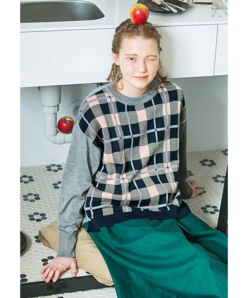 シロップ．（シロップ．）の「ビッグシルエットのチェックニットプルオーバー（ニット/セーター・レディース・グレー系その他/ブラウン系その他・SMALL/MEDIUM/LARGE/X-LARGE/XX-LARGE）」の3枚目の写真