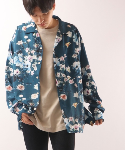 SUGGESTION（サジェッション）の「SUGGESTION 古着風ヴィンテージ 総柄開襟 とろみ ビッグシャツ（シャツ/ブラウス・メンズ・ホワイト/ブラック/ブルー/ブラック×ホワイト/ブラック×ブルー・M/L）」の5枚目の写真