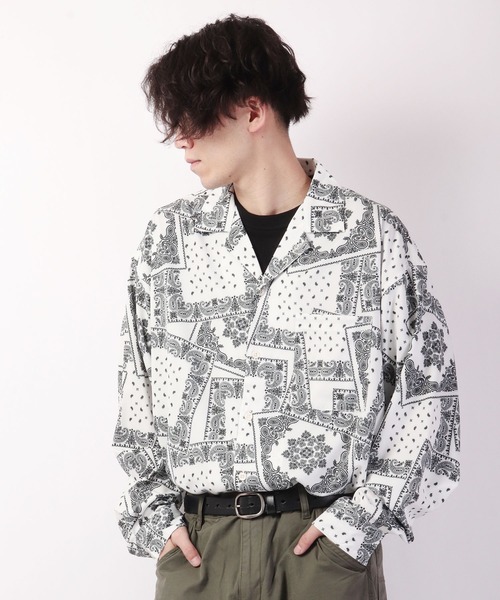 SUGGESTION（サジェッション）の「SUGGESTION 古着風ヴィンテージ 総柄開襟 とろみ ビッグシャツ（シャツ/ブラウス・メンズ・ホワイト/ブラック/ブルー/ブラック×ホワイト/ブラック×ブルー・M/L）」の17枚目の写真