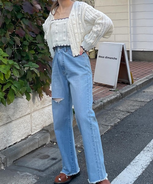 w closet(ダブルクローゼット)の「ポプコン付きスカラップ配色ビスチェ(ニット/セーター・レディース・オフホワイト/ライム・FREE)」の5枚目の写真