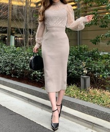 レースレイヤードドッキングニットワンピース