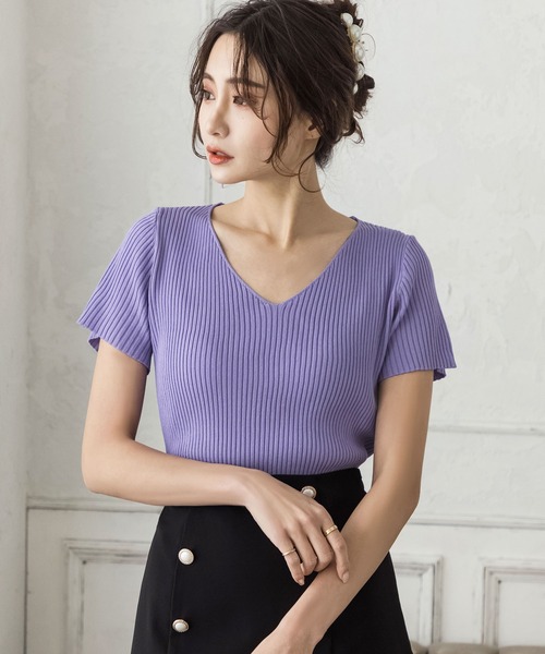 Julia Boutique（ジュリアブティック）の「Vネック・パーソナルカラー半袖ニットトップス/22150（ニット/セーター・レディース・ピンク/マスタード/ネイビー/ライトブルー/カーキ/ラベンダー/パープル/アイボリー/レッド/ブラウン/グリーン/ホワイト/ライトグリーン/ブルー/ブラック/イエロー/ベージュ/パープル系/オレンジ/ピンク系・ONE）」の13枚目の写真
