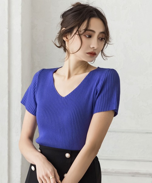 Julia Boutique（ジュリアブティック）の「Vネック・パーソナルカラー半袖ニットトップス/22150（ニット/セーター・レディース・ピンク/マスタード/ネイビー/ライトブルー/カーキ/ラベンダー/パープル/アイボリー/レッド/ブラウン/グリーン/ホワイト/ライトグリーン/ブルー/ブラック/イエロー/ベージュ/パープル系/オレンジ/ピンク系・ONE）」の12枚目の写真