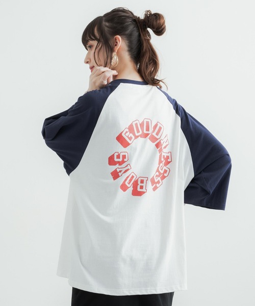 Rocky Monroe（ロッキーモンロー）の「オーバーサイズ 別注 カレッジロゴプリントラグランビッグTシャツ（Tシャツ/カットソー・メンズ・ホワイト×グリーン/ホワイト×ブルー/ホワイト×ブラック/オートミール/ホワイト×ブラウン・M/L/XL）」の14枚目の写真