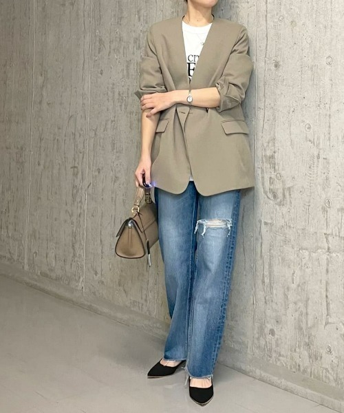 RIVE DROITE（リヴドロワ）の「シワになりにくい嬉しい素材/ツイルストレッチVネックジャケット（ノーカラージャケット・レディース・ブラック/カーキ・FREE）」の17枚目の写真