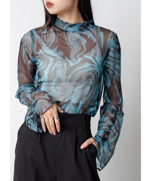 Adoon plain（アドーンプレーン）の「フレアスリーブシアートップス（シャツ/ブラウス・レディース・ブラック/ブルー/ブラック系その他・FREE）」の3枚目の写真