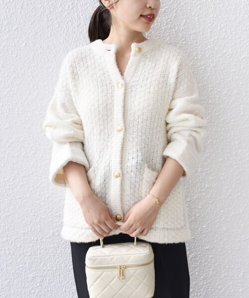 SHIPS（シップス）の「*ツイードニットカーディガン◆（カーディガン/ボレロ・レディース・ブラック/オフホワイト/ブラック系・ONE SIZE）」の2枚目の写真