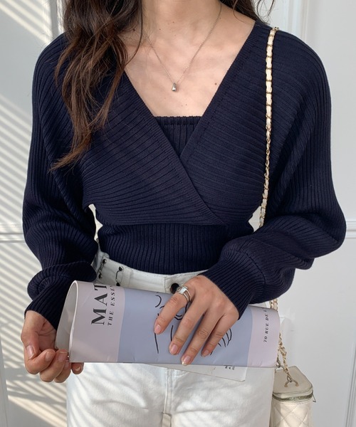 ECLIN（エクラン）の「レイヤード風Vネックリブニットプルオーバー（ニット/セーター・レディース・ホワイト/ブラック/ベージュ/ネイビー/ブラウン・FREE）」の5枚目の写真