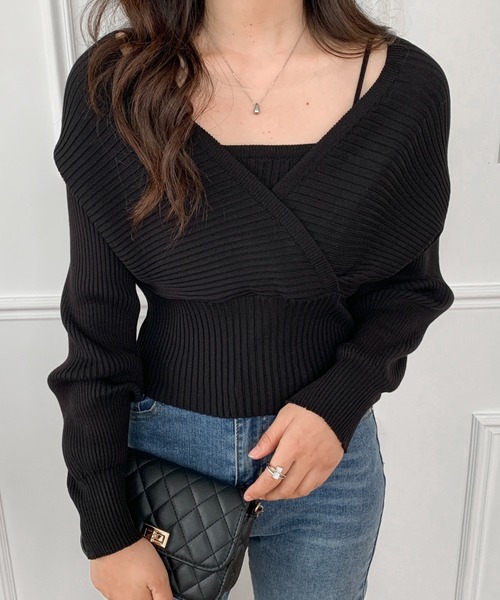 ECLIN（エクラン）の「レイヤード風Vネックリブニットプルオーバー（ニット/セーター・レディース・ホワイト/ブラック/ベージュ/ネイビー/ブラウン・FREE）」の9枚目の写真