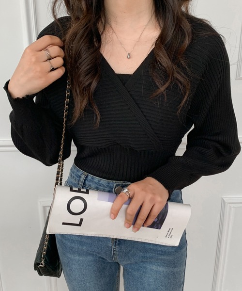 ECLIN（エクラン）の「レイヤード風Vネックリブニットプルオーバー（ニット/セーター・レディース・ホワイト/ブラック/ベージュ/ネイビー/ブラウン・FREE）」の10枚目の写真