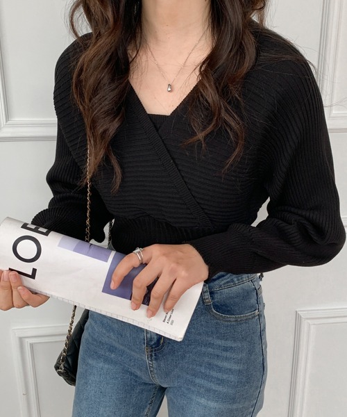 ECLIN（エクラン）の「レイヤード風Vネックリブニットプルオーバー（ニット/セーター・レディース・ホワイト/ブラック/ベージュ/ネイビー/ブラウン・FREE）」の11枚目の写真