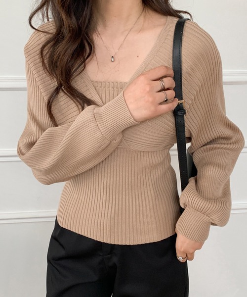 ECLIN（エクラン）の「レイヤード風Vネックリブニットプルオーバー（ニット/セーター・レディース・ホワイト/ブラック/ベージュ/ネイビー/ブラウン・FREE）」の14枚目の写真