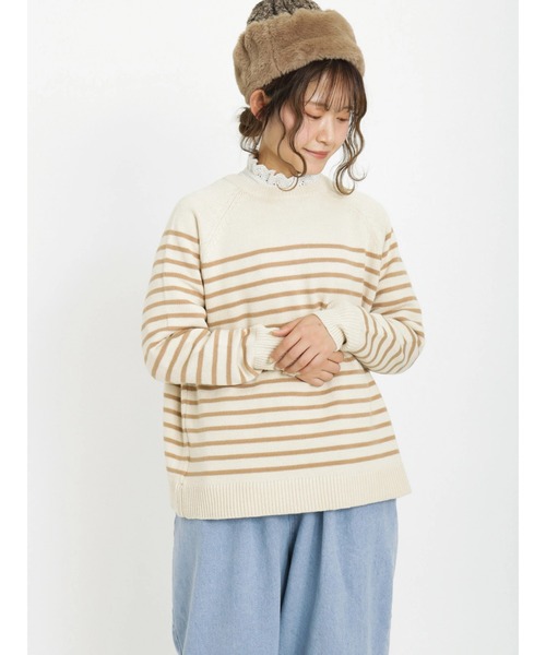 Samansa Mos2（サマンサ モスモス）の「ヘンリーネックボーダー柄前後着2WAYニット（ニット/セーター・レディース・ブルー/ピンク/グリーン/ベージュ/モカ/キナリ・ﾌﾘ-）」の3枚目の写真