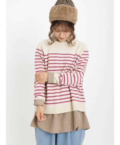 Samansa Mos2（サマンサ モスモス）の「ヘンリーネックボーダー柄前後着2WAYニット（ニット/セーター・レディース・ブルー/ピンク/グリーン/ベージュ/モカ/キナリ・ﾌﾘ-）」の6枚目の写真