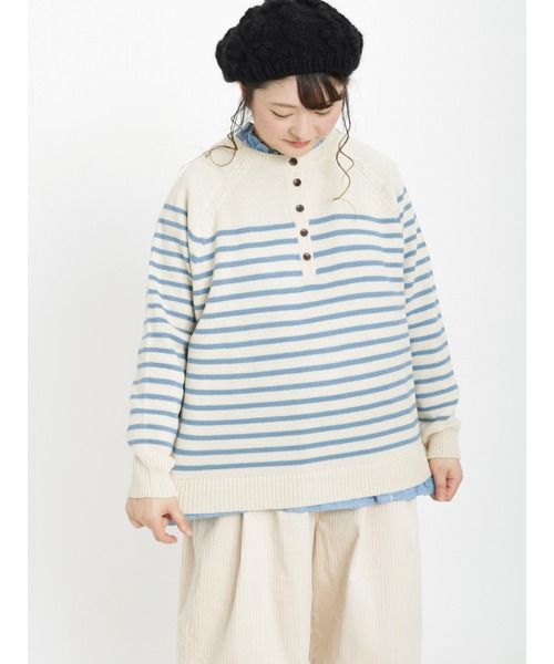Samansa Mos2（サマンサ モスモス）の「ヘンリーネックボーダー柄前後着2WAYニット（ニット/セーター・レディース・ブルー/ピンク/グリーン/ベージュ/モカ/キナリ・ﾌﾘ-）」の5枚目の写真