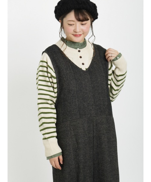 Samansa Mos2（サマンサ モスモス）の「ヘンリーネックボーダー柄前後着2WAYニット（ニット/セーター・レディース・ブルー/ピンク/グリーン/ベージュ/モカ/キナリ・ﾌﾘ-）」の4枚目の写真