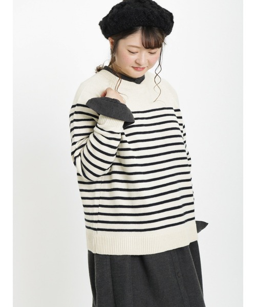 Samansa Mos2（サマンサ モスモス）の「ヘンリーネックボーダー柄前後着2WAYニット（ニット/セーター・レディース・ブルー/ピンク/グリーン/ベージュ/モカ/キナリ・ﾌﾘ-）」の2枚目の写真