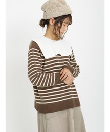 Samansa Mos2 | ヘンリーネックボーダー柄前後着2WAYニット(ニット/セーター)