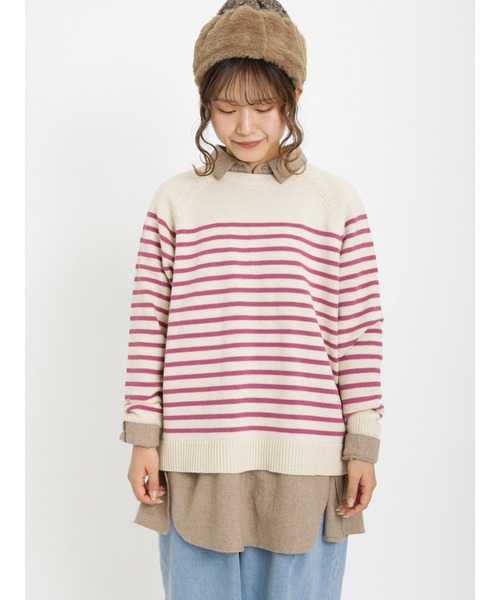 Samansa Mos2（サマンサ モスモス）の「ヘンリーネックボーダー柄前後着2WAYニット（ニット/セーター・レディース・ブルー/ピンク/グリーン/ベージュ/モカ/キナリ・ﾌﾘ-）」の19枚目の写真