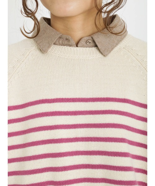 Samansa Mos2（サマンサ モスモス）の「ヘンリーネックボーダー柄前後着2WAYニット（ニット/セーター・レディース・ブルー/ピンク/グリーン/ベージュ/モカ/キナリ・ﾌﾘ-）」の12枚目の写真