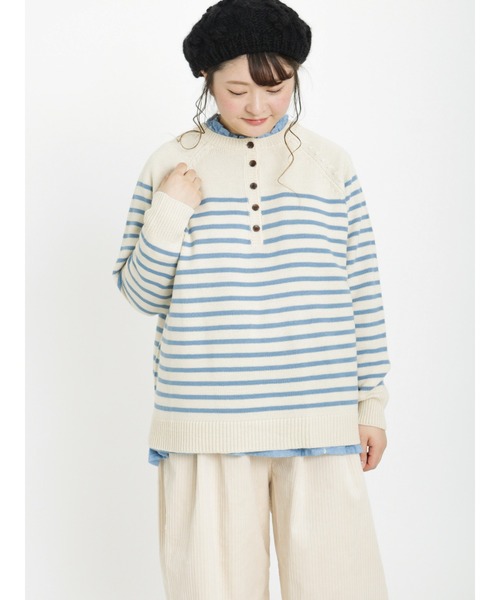 Samansa Mos2（サマンサ モスモス）の「ヘンリーネックボーダー柄前後着2WAYニット（ニット/セーター・レディース・ブルー/ピンク/グリーン/ベージュ/モカ/キナリ・ﾌﾘ-）」の11枚目の写真