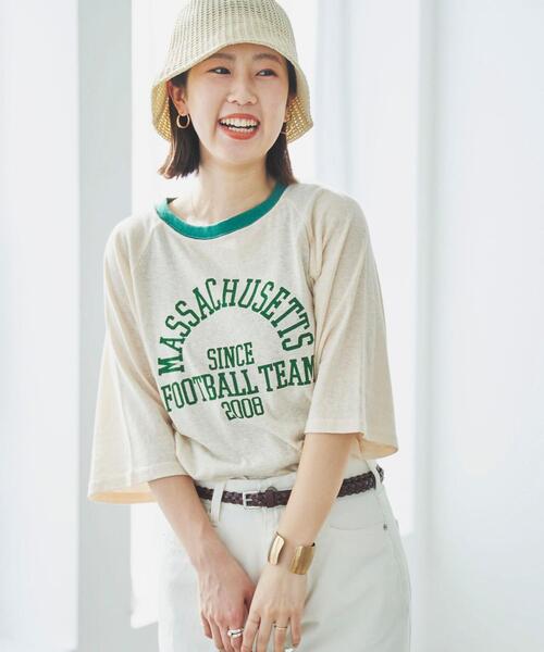 coen(コーエン)の「カレッジロゴプリントラグランTシャツ(Tシャツ/カットソー・レディース・ネイビー/ホワイト/ベージュ・M/L)」の2枚目の写真