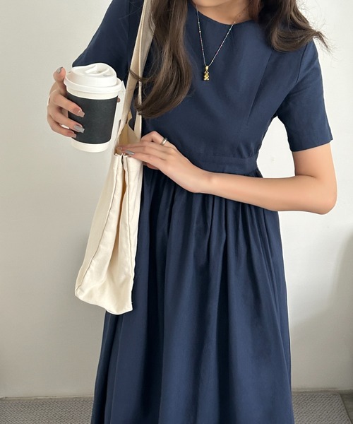 ECLIN（エクラン）の「コットンマキシ丈ハイウエスト切替ギャザーワンピース（ワンピース・レディース・チャコールグレー/ライトグレー/ネイビー/ブルー・FREE）」の4枚目の写真