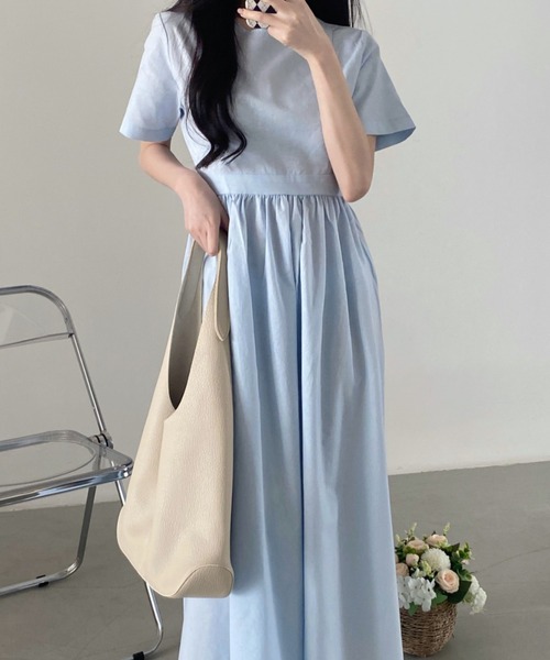 ECLIN（エクラン）の「コットンマキシ丈ハイウエスト切替ギャザーワンピース（ワンピース・レディース・チャコールグレー/ライトグレー/ネイビー/ブルー・FREE）」の6枚目の写真