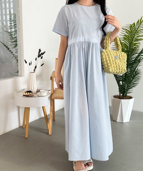 ECLIN（エクラン）の「コットンマキシ丈ハイウエスト切替ギャザーワンピース（ワンピース・レディース・チャコールグレー/ライトグレー/ネイビー/ブルー・FREE）」の9枚目の写真