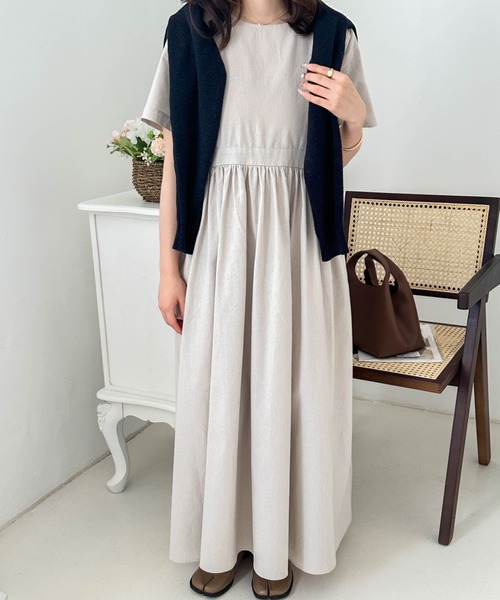 ECLIN（エクラン）の「コットンマキシ丈ハイウエスト切替ギャザーワンピース（ワンピース・レディース・チャコールグレー/ライトグレー/ネイビー/ブルー・FREE）」の8枚目の写真