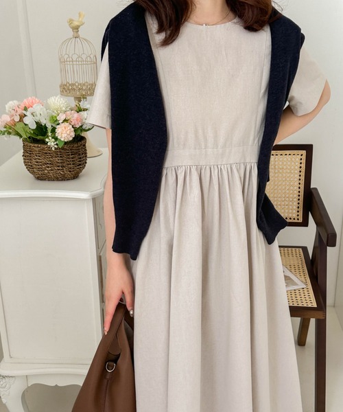 ECLIN（エクラン）の「コットンマキシ丈ハイウエスト切替ギャザーワンピース（ワンピース・レディース・チャコールグレー/ライトグレー/ネイビー/ブルー・FREE）」の5枚目の写真