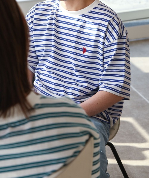 U.S. POLO ASSN.(ユーエスポロアッスン)の「【U.S. POLO ASSN.】 天竺 先染め ハーフスリーブ ワンポイント 刺繍 ボーダー Tシャツ(Tシャツ/カットソー・レディース・ホワイト系/ホワイト×グリーン/ホワイト×ブルー/ホワイト×ブラック/ホワイト×グレー/ブラック×ホワイト・MEDIUM/LARGE/X-LARGE)」の3枚目の写真