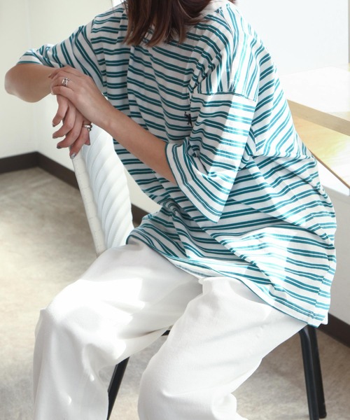 U.S. POLO ASSN.(ユーエスポロアッスン)の「【U.S. POLO ASSN.】 天竺 先染め ハーフスリーブ ワンポイント 刺繍 ボーダー Tシャツ(Tシャツ/カットソー・レディース・ホワイト系/ホワイト×グリーン/ホワイト×ブルー/ホワイト×ブラック/ホワイト×グレー/ブラック×ホワイト・MEDIUM/LARGE/X-LARGE)」の16枚目の写真