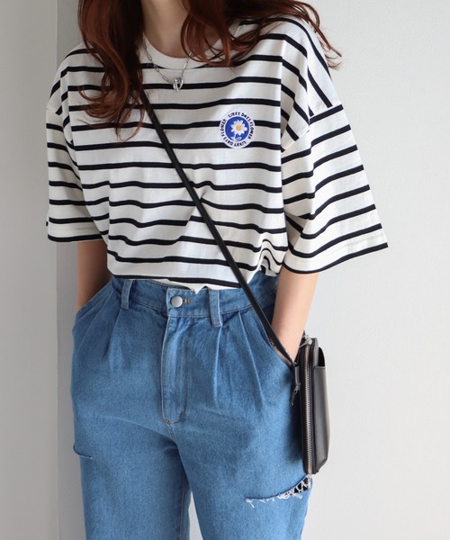 COURO（コウロ）の「フラワーワッペン無地/ボーダーTシャツ（Tシャツ/カットソー・レディース・クリーム/ネイビー系/ブラック/ホワイト×ブラック/ホワイト×ブルー/ブラック×ホワイト/ホワイト/ネイビー/オートミール/ホワイト×ネイビー/ホワイト系その他2/ホワイト系/ブラック系/ネイビー系1/ライトグレー系/ブラック系その他/ホワイト系その他・M/L）」の22枚目の写真