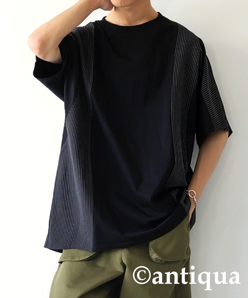 antiqua（アンティカ）の「綿100％ストライプ切り替えTシャツ（Tシャツ/カットソー・レディース・ネイビー/ブラック・FREE）」の2枚目の写真