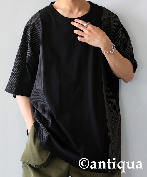 antiqua（アンティカ）の「綿100％ストライプ切り替えTシャツ（Tシャツ/カットソー・レディース・ネイビー/ブラック・FREE）」の3枚目の写真