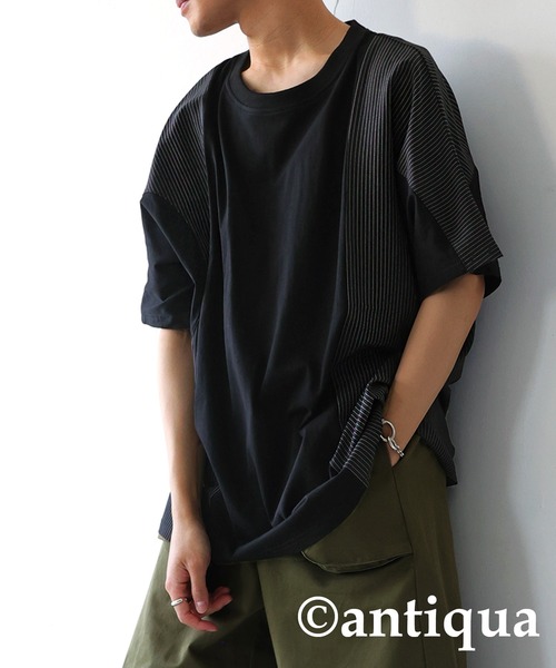 antiqua（アンティカ）の「綿100％ストライプ切り替えTシャツ（Tシャツ/カットソー・レディース・ネイビー/ブラック・FREE）」の4枚目の写真