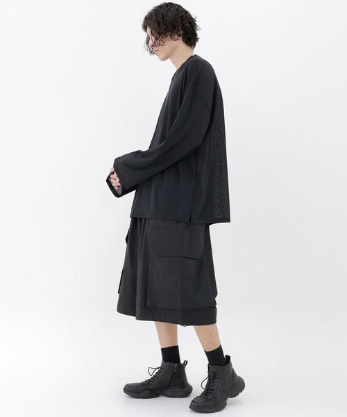 minsobi(ミンソビ)の「ハーフカーゴバルーンパンツ 裾ドロストワイドショーツ(カーゴパンツ・メンズ・ブラック/グレー・FREE)」の9枚目の写真