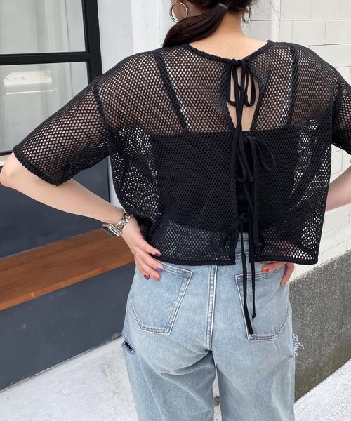 LOWRYS FARM（ローリーズファーム）の「２ＷＡＹメッシュリボン５分袖　963728（Tシャツ/カットソー・レディース・ブラック/グリーン/アイボリー/ブラウン・FREE）」の6枚目の写真