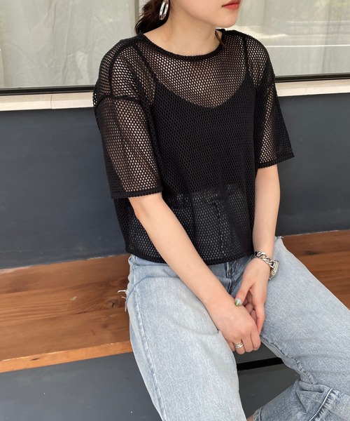 LOWRYS FARM（ローリーズファーム）の「２ＷＡＹメッシュリボン５分袖　963728（Tシャツ/カットソー・レディース・ブラック/グリーン/アイボリー/ブラウン・FREE）」の11枚目の写真