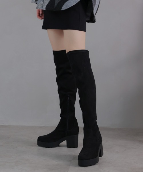 ラウンドトゥ厚底ストレッチニーハイブーツ（ブーツ）｜VIVIAN