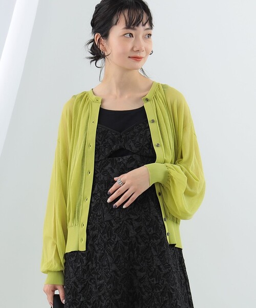 Ray BEAMS(レイビームス)の「Ray BEAMS / シアー ギャザー クルーネック カーディガン(カーディガン/ボレロ・レディース・グリーン系その他2/ブラック/サックスブルー・ONE SIZE)」の1枚目の写真