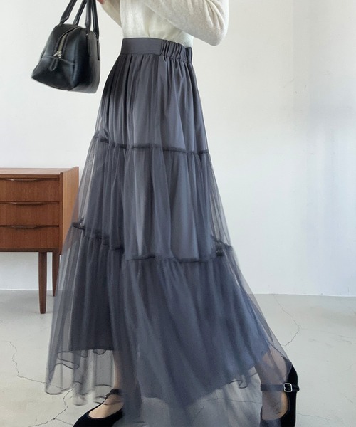 LAUIR（ラウアー）の「チュールティアードロングスカート【一部ペチスカートセット】（スカート・レディース・ダークグレー/アイボリー/ブラック/ピンク/ライトグレー・LARGE/MEDIUM/SMALL/X-LARGE）」の4枚目の写真