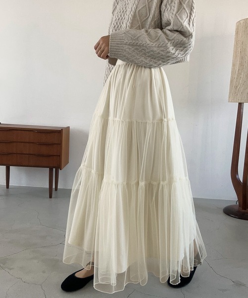 LAUIR（ラウアー）の「チュールティアードロングスカート【一部ペチスカートセット】（スカート・レディース・ダークグレー/アイボリー/ブラック/ピンク/ライトグレー・LARGE/MEDIUM/SMALL/X-LARGE）」の9枚目の写真